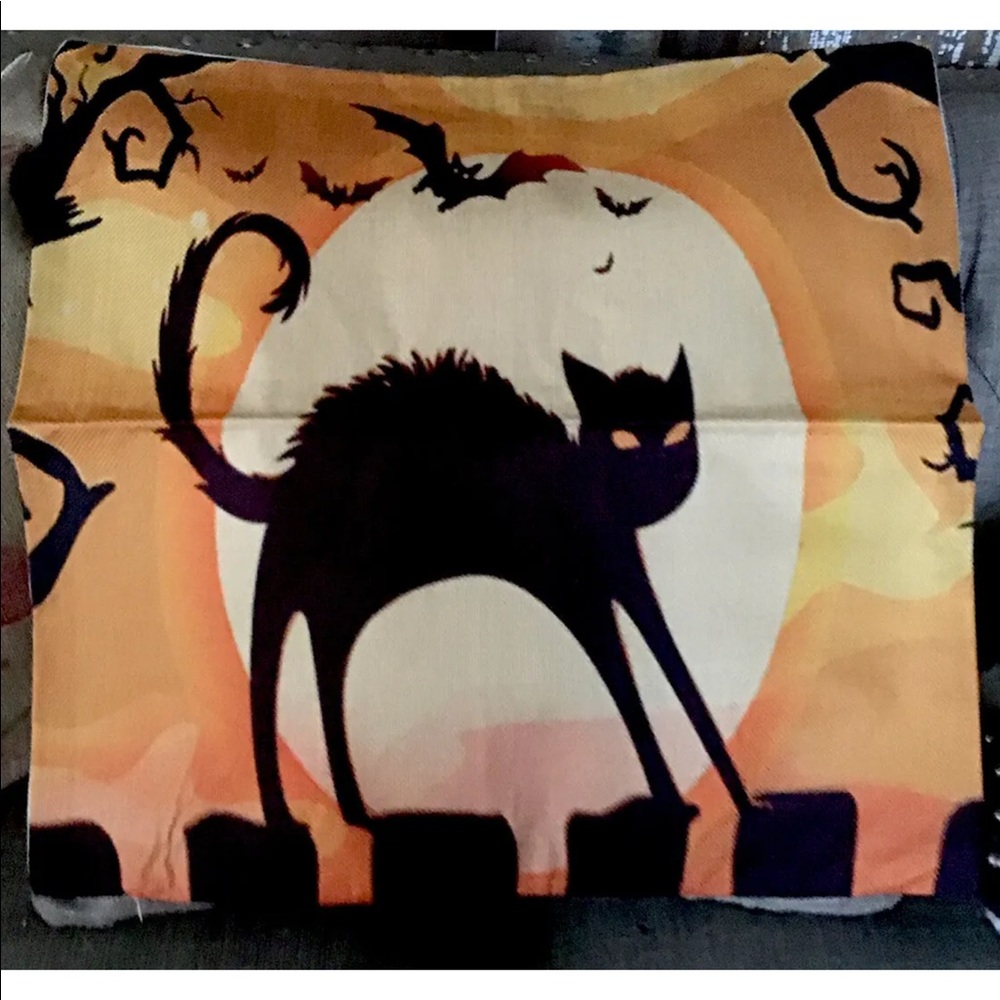 New In Package Halloween Pillow Cover Cat Bats Orange Black 18x18” Fall Autumn